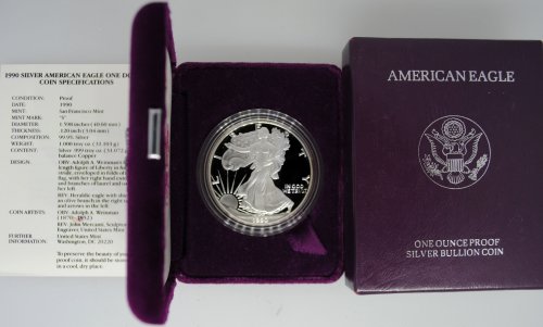 1990-S Proof Silver Eagle with Box & COA